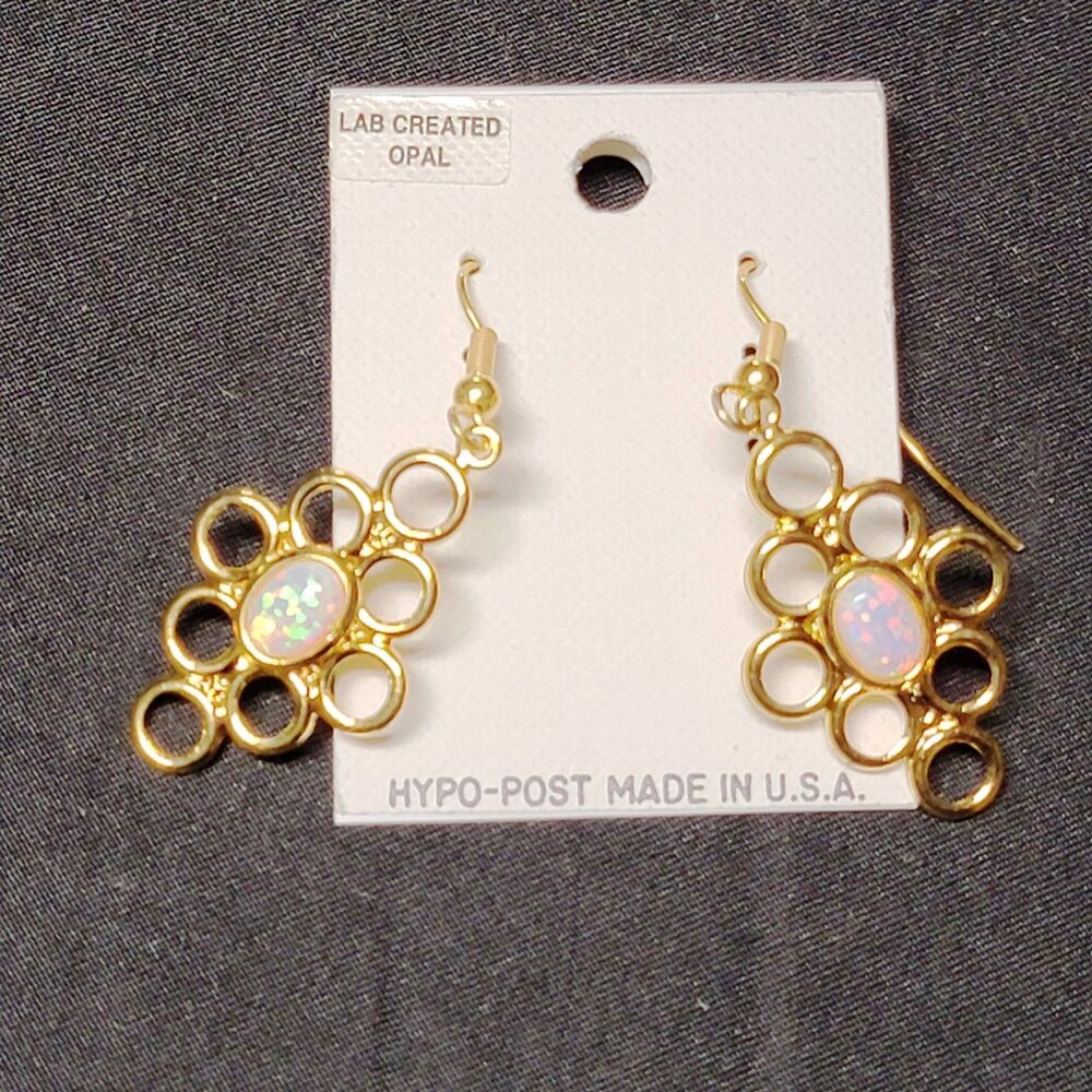 Lab Created Opal Moonstone Gemstone Dangle Earrings In Gold Tone Metal Drop - Picture 2 of 6